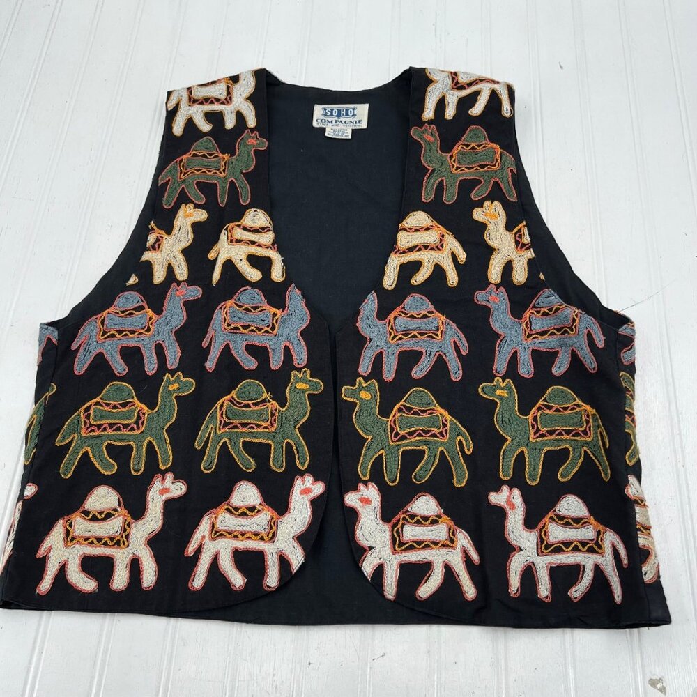 Soho Compagnie Vintage 80s 90s Embroidered Camel Vest Medium Made In‎ India